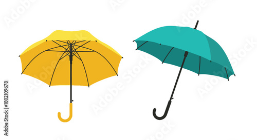A vibrant pair of umbrellas one yellow and one teal isolated on white