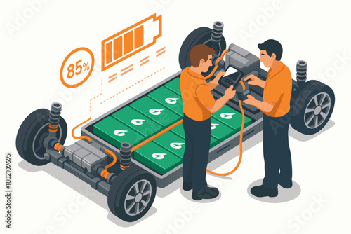 Electric vehicle chassis with mechanics checking battery level for optimal performance and efficiency