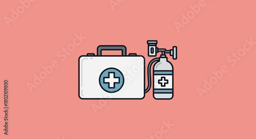 First aid kit and an oxygen tank with mask, presented in simple, clean style on solid pink