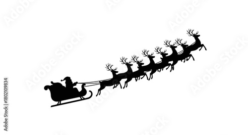 A black silhouette of Santa Claus in his sleigh pulled by nine flying reindeer against a white background, depicting a classic Christmas scene.