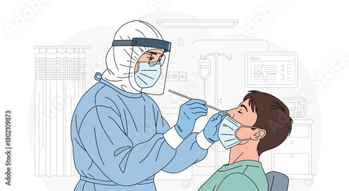 Healthcare worker in full protective gear, including hazmat suit, face shield, mask, and gloves, performs nasal swab test on patient wearing mask