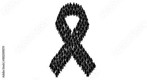 Black awareness ribbon formed by a multitude of silhouetted human figures on a white background, symbolizing collective support or remembrance.