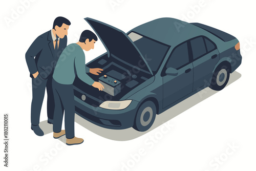 Troubleshooting car problems two men inspect engine for repairs or maintenance work illustration