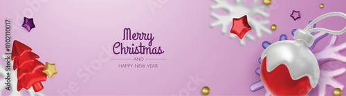 Happy New Year and Merry Christmas. Christmas holiday background with realistic 3d objects, bauble balls, conical metal stars. Levitation falling design composition.