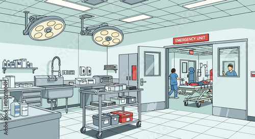 An operating room with surgical lights, medical equipment, and an open doorway revealing patient on gurney and medical personnel in an emergency room setting