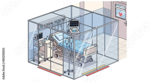 Sterile isolation room in hospital, enclosed by glass walls, containing patient bed, medical equipment, and monitor, representing quarantine or specialized care unit
