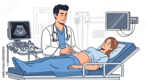 Male doctor performs an ultrasound on pregnant woman lying on an examination table in medical clinic, with medical equipment and monitor displaying an ultrasound image