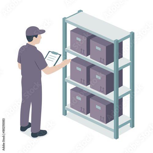 Efficient warehouse worker checks inventory on shelves, ensuring smooth distribution and delivery process