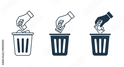 Three icons showing hands discarding medication bottles and pills into trash cans, illustrating proper disposal methods