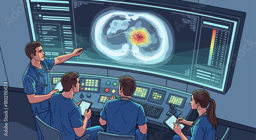 Medical professionals analyzing complex medical scan on large screen in control room, showcasing advanced technology in healthcare