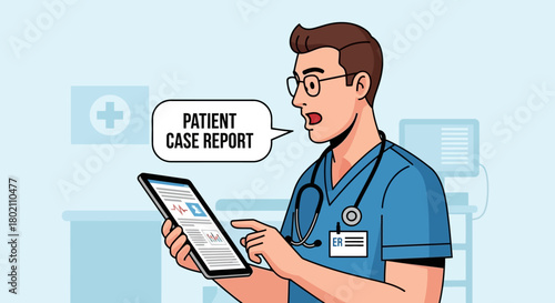 Doctor reviewing patient case report on tablet, emphasizing digital health records and modern medical communication