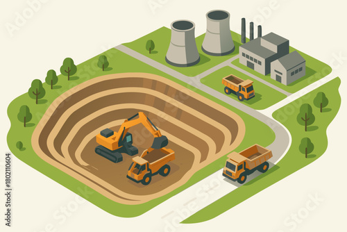 Isometric open pit mine with excavator and dump trucks, showcasing industry and resource extraction in vector style