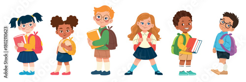 Illustration set of cute schoolchildren in flat design. Vector on white background.
