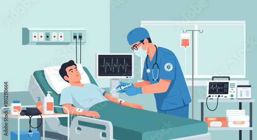 Doctor in scrubs, mask, and gloves administering an injection to patient lying in hospital bed, with medical equipment like monitor and iv drip in the room