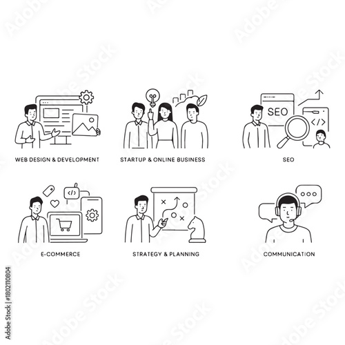 Concepts of web design and development, startup and online business, seo, app development, e-commerce, strategy and planning, communication.