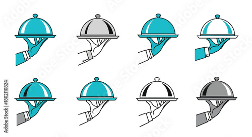 Illustration of serving trays held by hands in various color schemes