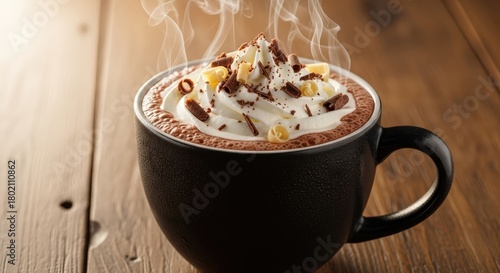 A steaming mug of hot chocolate topped with whipped cream and chocolate shavings on a wooden table