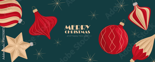 Festive Christmas background with ornaments, stars, and holiday greeting text