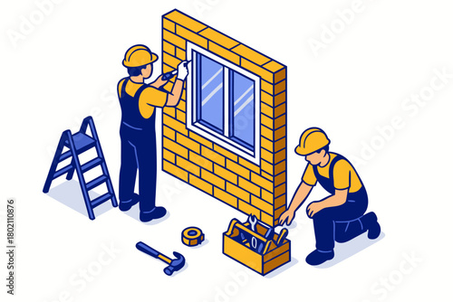 Home improvement team expertly installing windows, modern isometric construction illustration, perfect for contractors and design