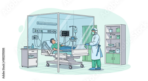 Doctor in protective gear attending to patient in an intensive care unit, separated by transparent screen, highlighting isolation and medical care during pandemic