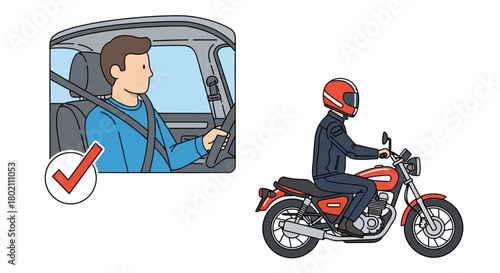 Showing man driving car with seatbelt fastened and motorcyclist wearing helmet, symbolizing road safety and responsible transportation