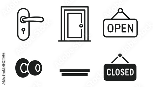 A collection of door related icons including handles and open closed signs