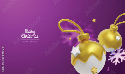 Happy New Year and Merry Christmas. Christmas holiday background with realistic 3d objects, bauble balls, conical metal stars. Levitation falling design composition.