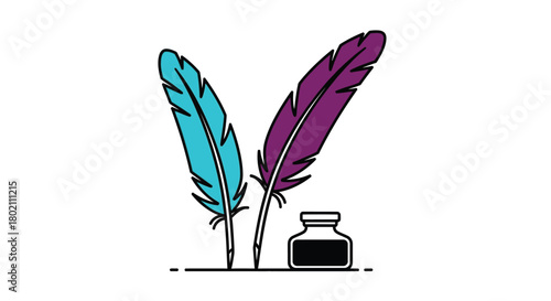 A vibrant illustration of two feathers and a small inkwell on a line