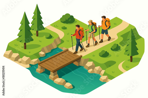 Friends adventuring together on scenic hiking trail, enjoying nature and camaraderie in stunning isometric landscape