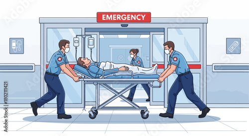 Medical personnel rush patient on stretcher into the emergency room hospital, highlighting urgent medical care and healthcare services