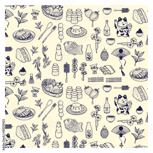 vintage retro hand drawn japanese cuisine sketch seamless pattern