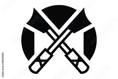 Two crossed axes intersect, overlaying a segmented circular shield on a white backdrop