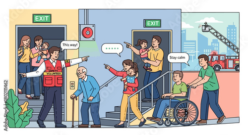 People evacuating building during fire drill or emergency, guided by safety personnel, demonstrating fire safety and evacuation procedures for all ages and abilities