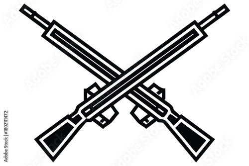 Two crossed assault rifles create a striking black and white emblem over white