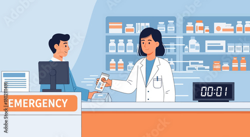 Pharmacist handing prescription to customer in pharmacy with shelves medicine and an emergency sign