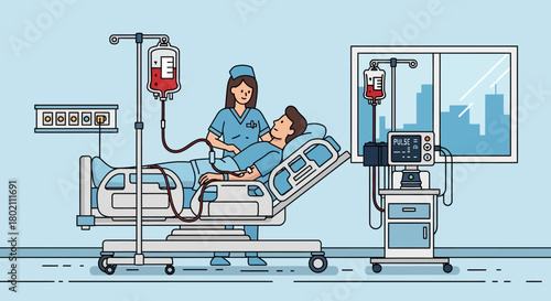 Nurse administers an iv drip to patient lying in hospital bed, with medical equipment and city skyline visible through the window, symbolizing patient care and recovery