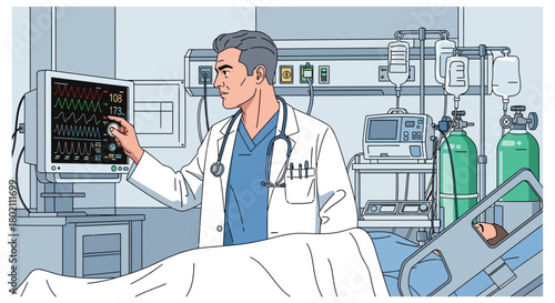 Doctor in hospital room examines patients vital signs on monitor, surrounded by medical equipment like iv drips and oxygen tanks, illustrating healthcare and medical care