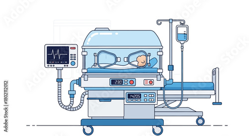 Neonatal intensive care unit nicu incubator with baby inside, featuring medical equipment like monitor and iv drip, symbolizing premature infant care and medical technology