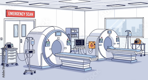Two mri scanners in hospital emergency scan room with medical equipment and window showing city skyline