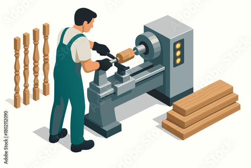 Craftsman shaping wood on lathe, creating balusters for elegant staircases, showcasing skilled woodworking artistry