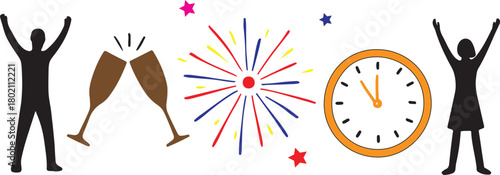 New year celebration with fireworks and toasting glasses