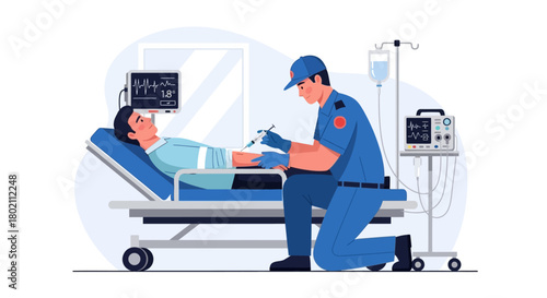 An emt or paramedic in uniform kneeling beside patient on stretcher in medical bay, attending to the patient with medical equipment, depicting emergency medical services and urgent care