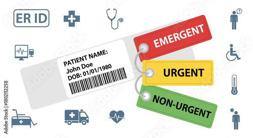 Medical patient identification tags showing different levels urgency emergent, urgent, and nonurgent, with icons representing healthcare and emergency services