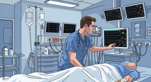 Doctor examining patients vital signs on monitor in an intensive care unit icu or operating room, surrounded by medical equipment