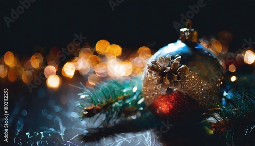 Decorations and ornaments on a Christmas tree, with a blurred background and copy space. Generated with AI