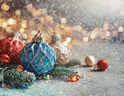 Decorations and ornaments on a Christmas tree, with a blurred background and copy space. Generated with AI