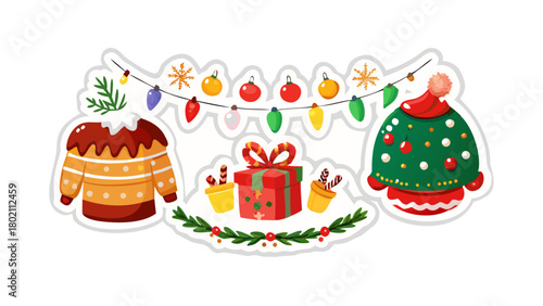 Christmas decoration for festive celebration stickers set vector illustration. Cartoon sweater with ornament and cute baubles, xmas gift box, garland of light bulbs and pine tree candy cake background
