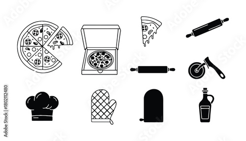 Black and white outline illustration of pizza and cooking equipment