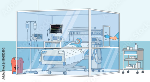 Patient in isolation room with medical equipment and nurse, illustrating healthcare and medical treatment
