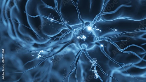 Neuronal fatigue from water loss, camera inside brain tissue glowing faintly blue, neurons pulsing weakly